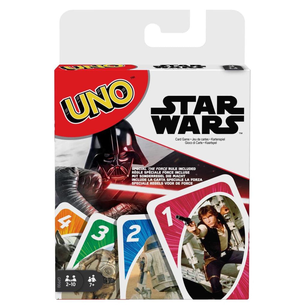 UNO Star Wars packaging | White box with UNO and Star Wars logo. An image of Darth Vader with red light saber sits behind images of game cards.