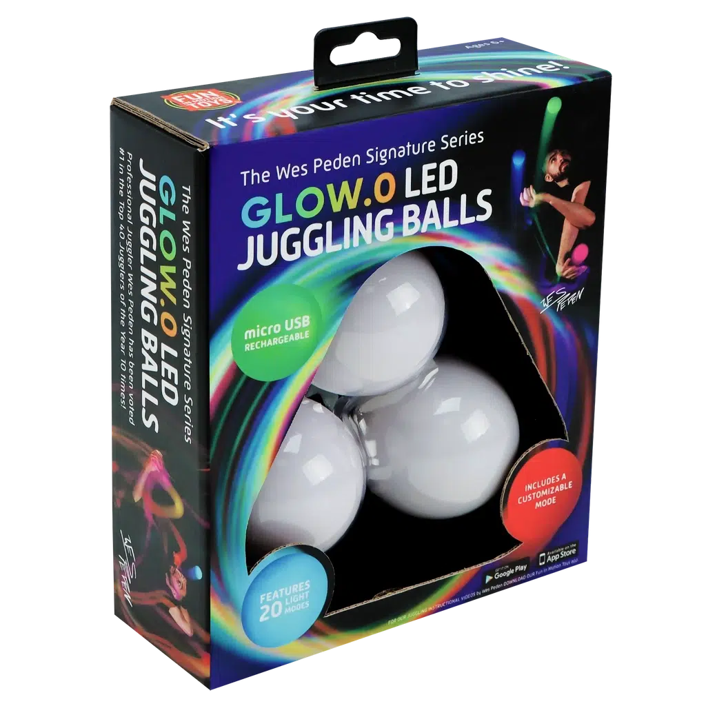 this image shows the box for the glow juggling balls. there are 20 light modes, and they are customize able