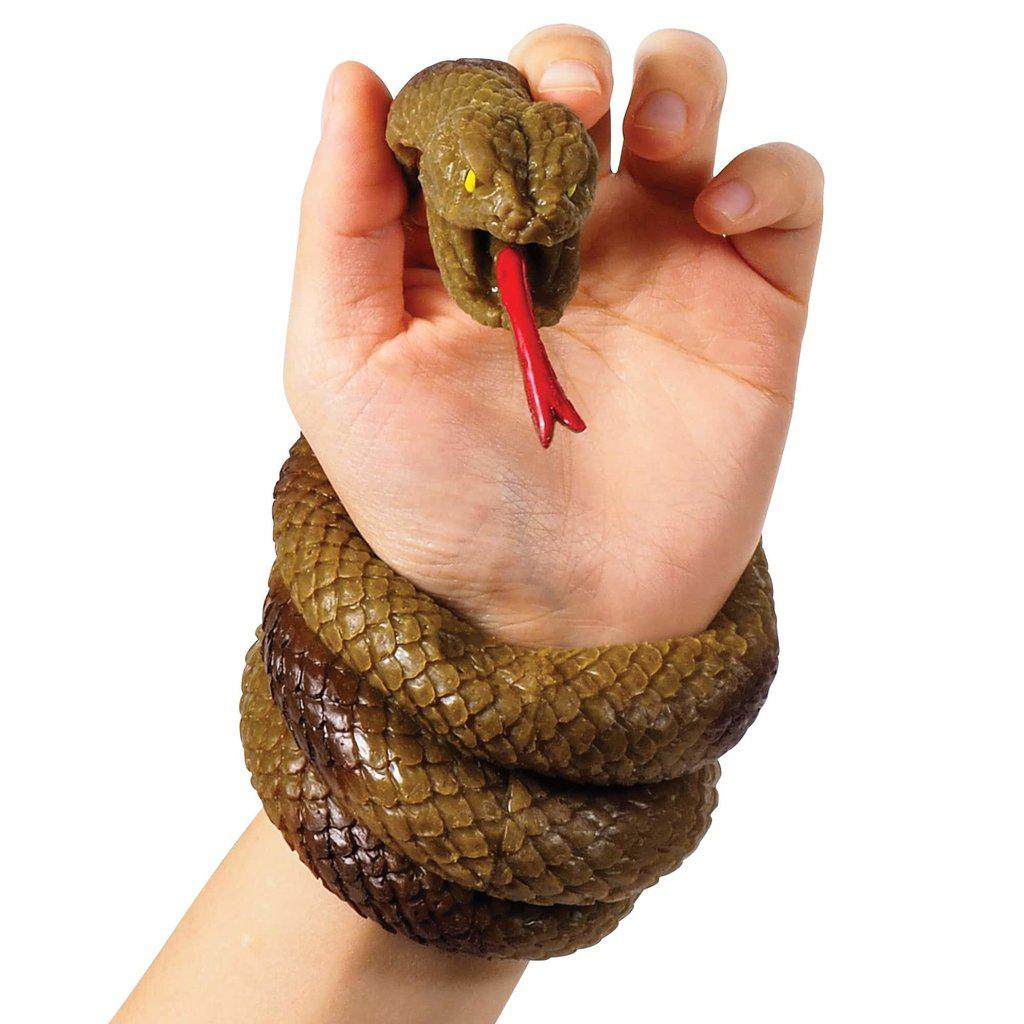 Image of the Wrist Rattler snake toy. It is a brown rattle snake that can wrap around your wrist. It has yellow eyes and a red tongue.