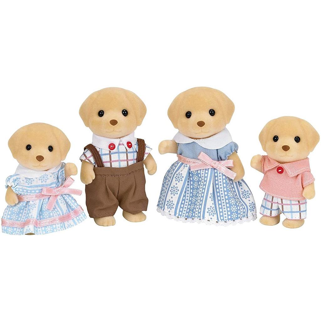 Image of the Yellow Labrador Family wearing old fashioned dresses and overalls. They are all a pretty yellow color.