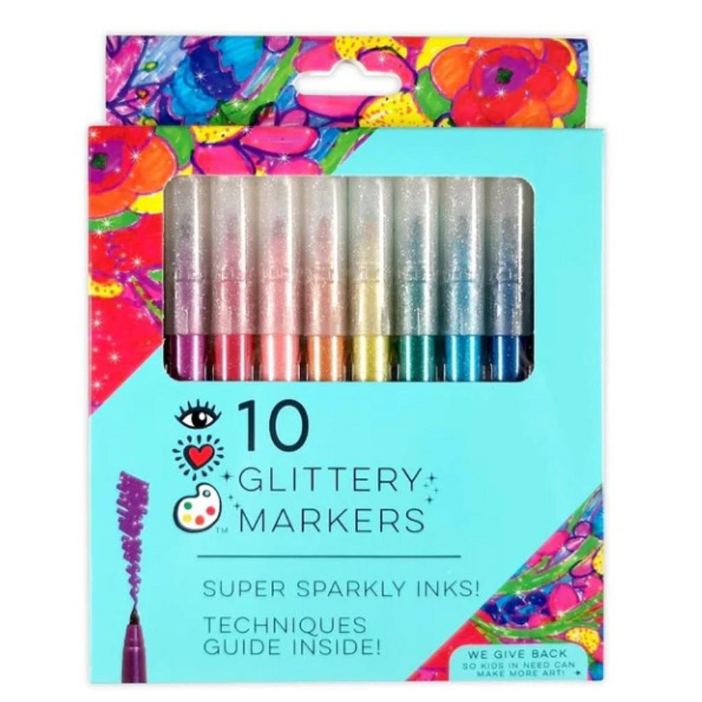 image shows the box front of 10 glitter markers. the ink is super sparklier, and there is a technique guide inside.