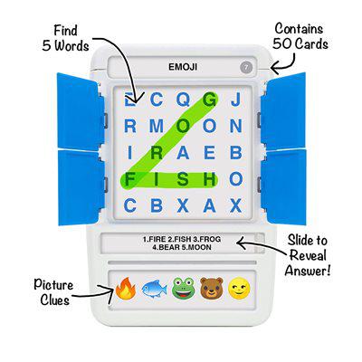 Detailed image that describes each part of the handheld game. It shows how to reveal the answers and that the game contains 50 cards with puzzles on the front and the back.