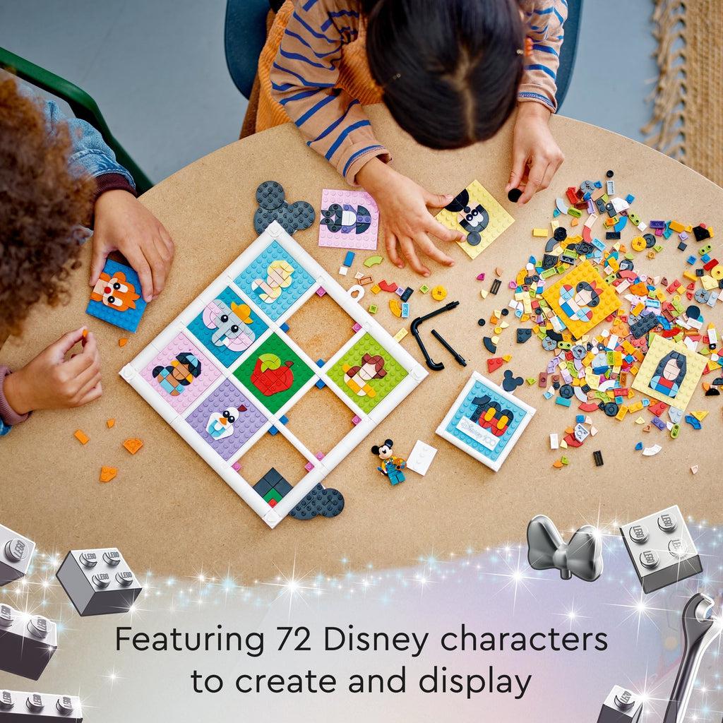 top down view of kids putting together the portraits to place in the frame | Text reads: Featuring 72 Disney characters to create and display