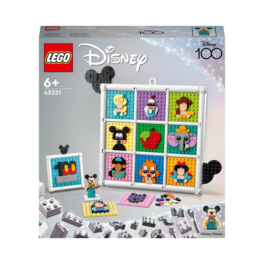 box shows the full lego set built. There is a 3 by 3 grid of abstract lego portraits of various disney characters. There's also a mickey mouse minifigure