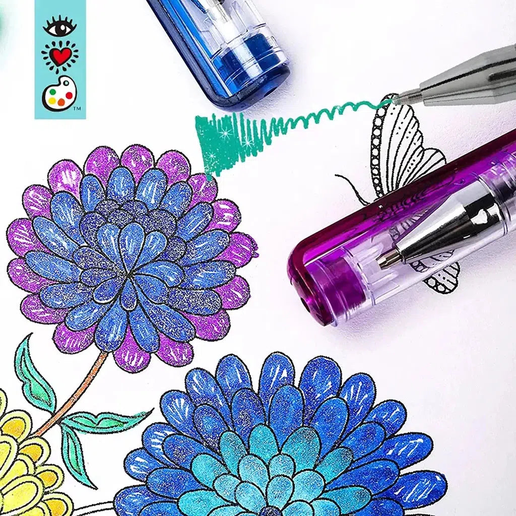 this image shows a drawing of purple flowers made with the glitter gel pen