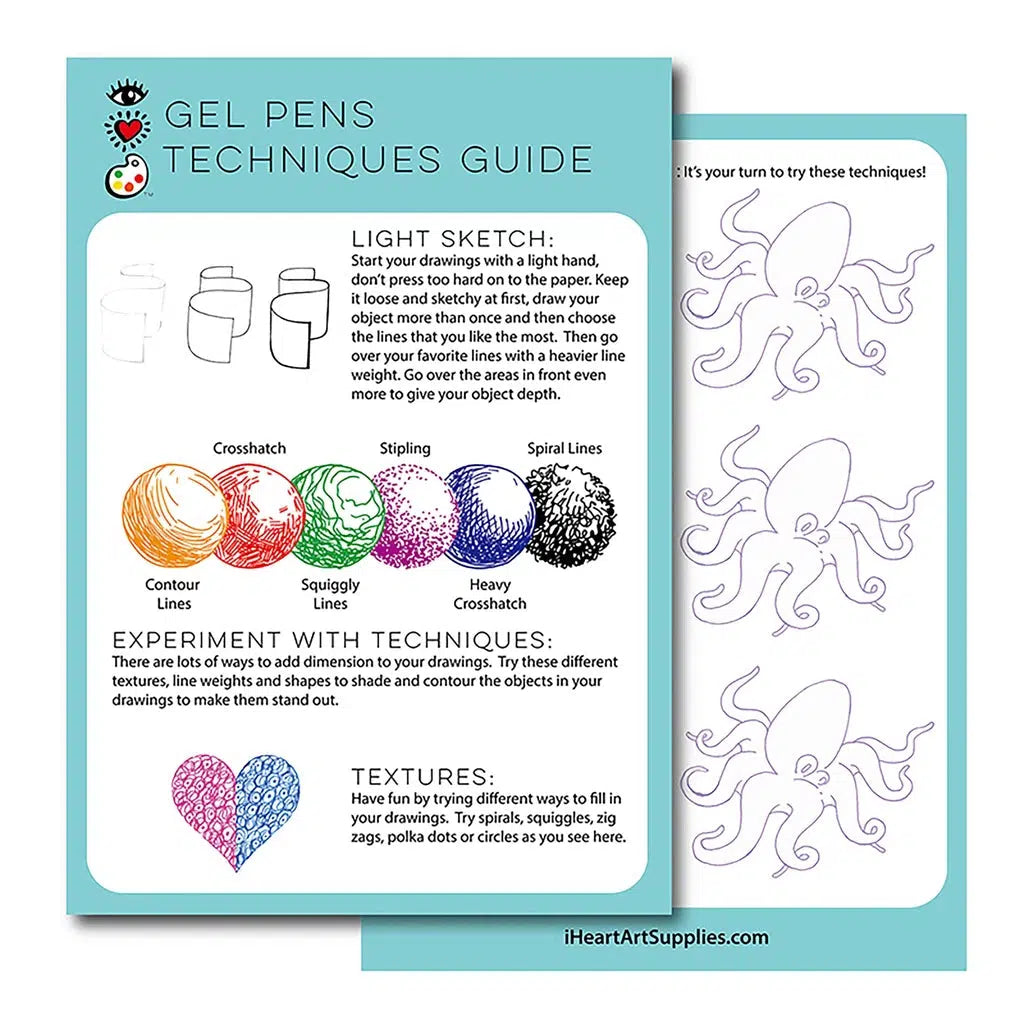 this image shows the gel pens techniques guide, showing how to make textures, different line patterns, and light sketches. 