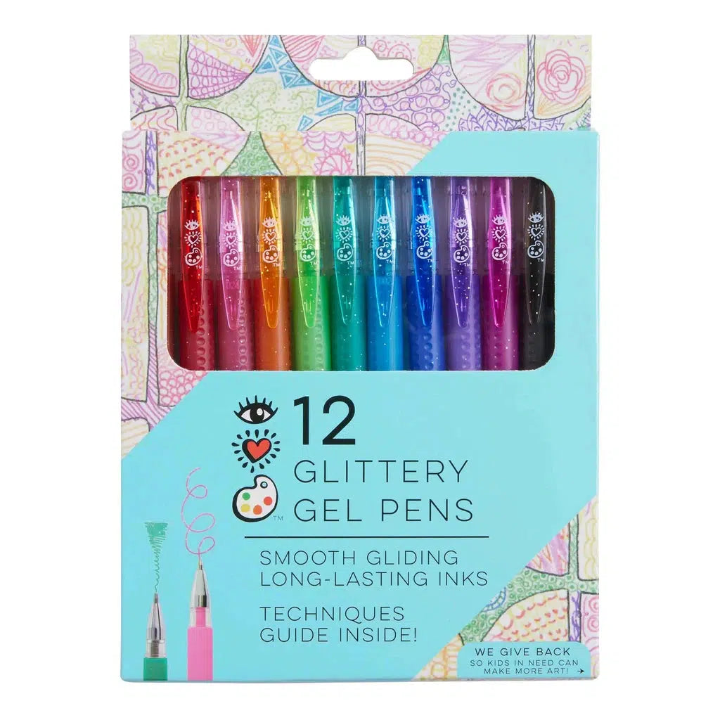 this image shows the cover box for 12 glitter gel pens inside. the ink is long lasting and a technique guide for drawing is lncluded. 