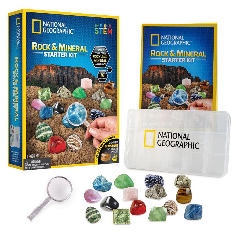 picture shows fifteen different rocks and minerals in the box, some are bumpy and others are glossy. can your kid identidy what rocks they are?