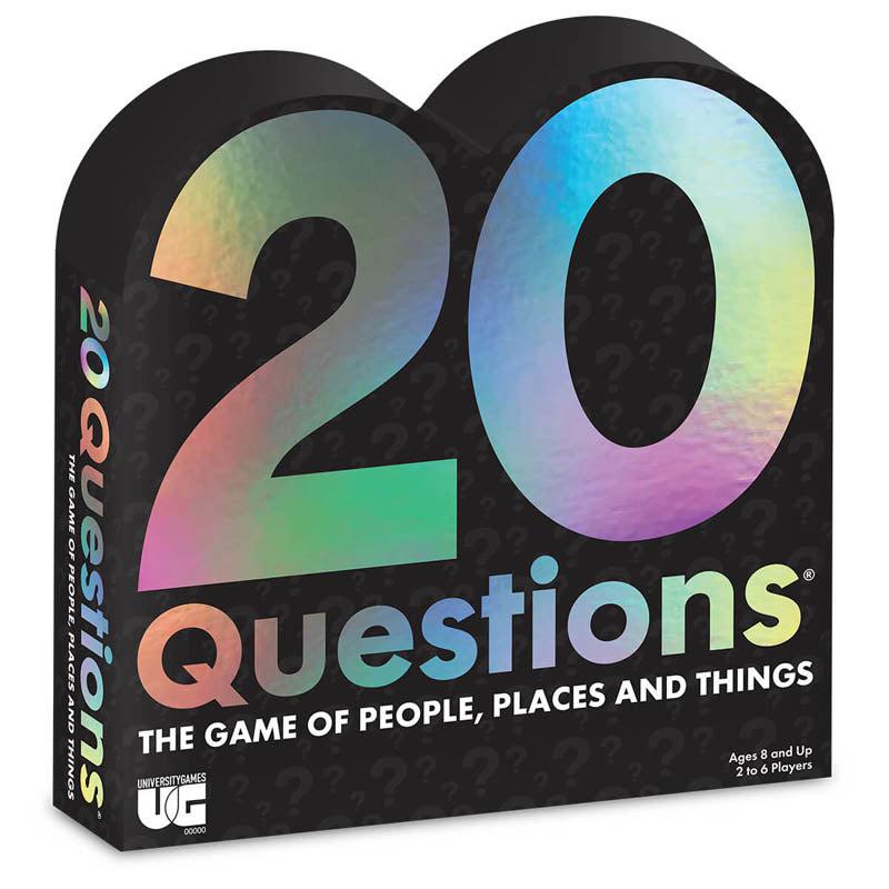 Image of the box for the 20 Questions Board Game. It is uniquely shaped with the top following the curves of the tops of the large "20" on the box.