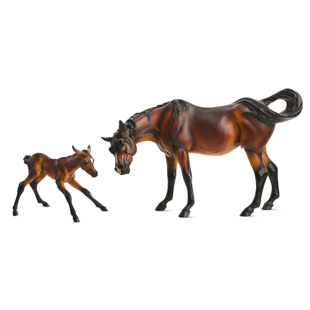 Image of the 2023 Flagship Mariposa & Flor horse figurine set. It comes with two dark brown horses with black mane, tail, and legs. One is larger and one is smaller and is still a foal.