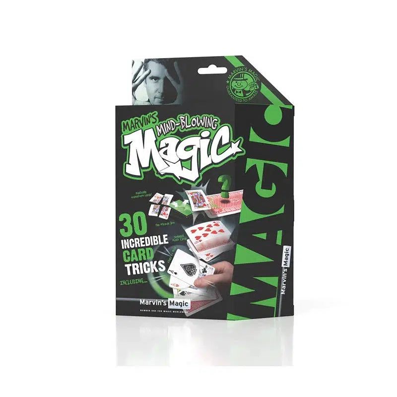 this image shows marvin's mind blowing magic! 30 incredible card tricks are inside the packaging. the packaging is green with the word magic in bold