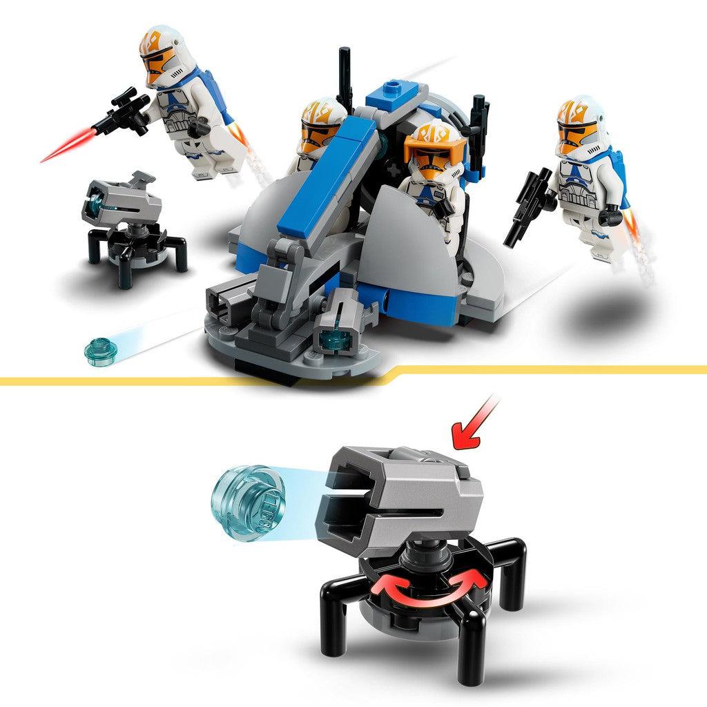 image shows there is a blaster that can fire small  LEGO beads, and storm troopers with jet packs