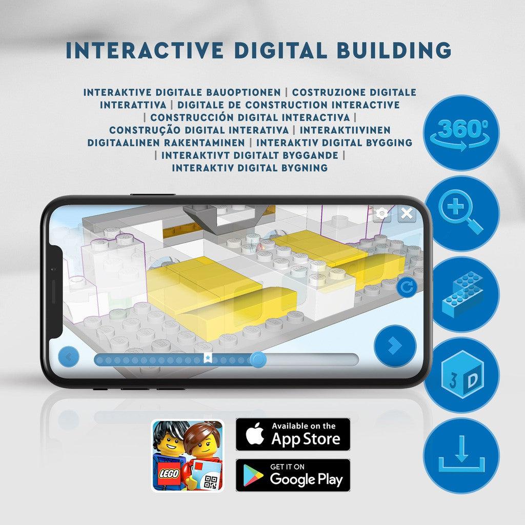 Interactive digital building is available in the LEGO app store to view a 3D model of the LEGO build and build along