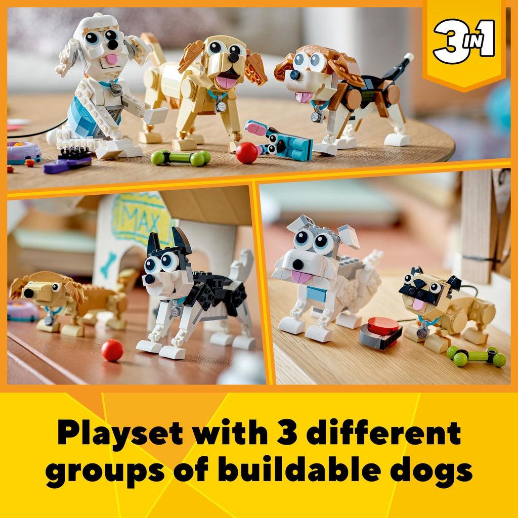 Text reads: Playset with 3 different groups of buildable dogs