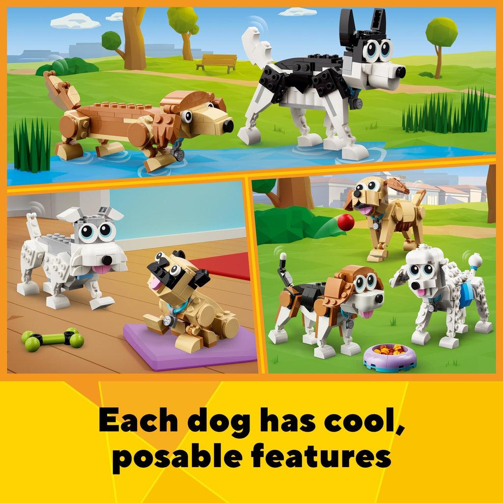 Text reads: Each dog has cool, posable features. | dog build breeds described in description