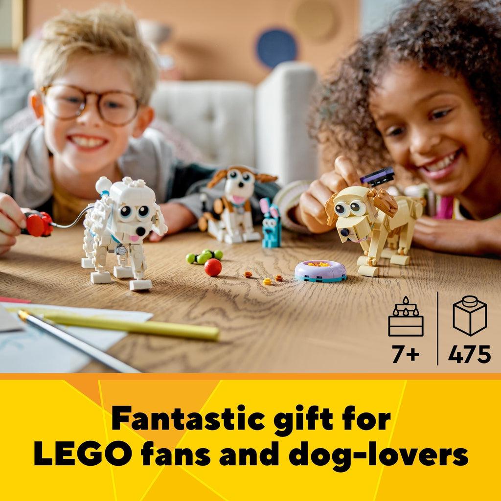 Two kids playing with the lego dogs | Text reads: Fantastic gift for LEGO fans and dog-lovers | piece count of 475 and age of 7+ in bottom right