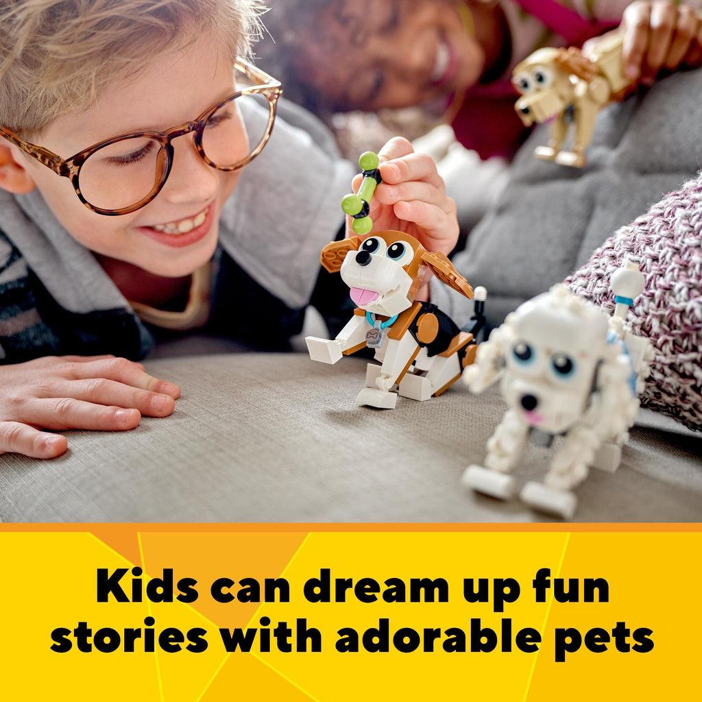 two kids playing with the LEGO dogs | Text reads: Kids can dream up fun stories with adorable pets