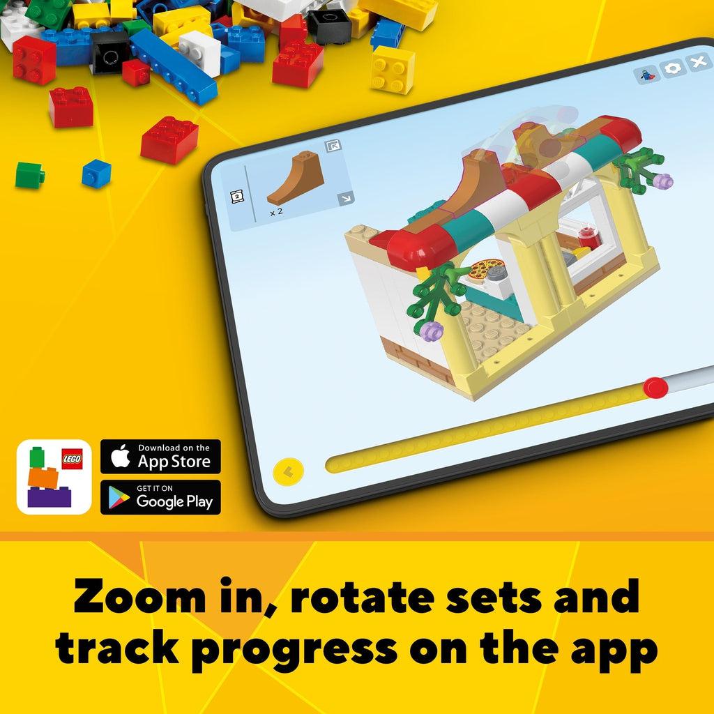 app with 360 and zoomable views of every step of builds available from the app on apple and google play stores | Text reads: Zoom in, rotate sets and track progress on the app