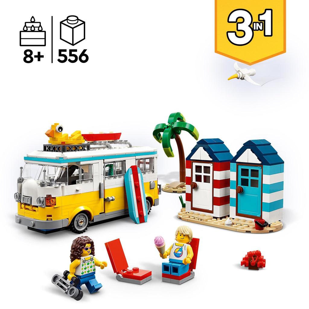 camper van and beach chair build option shown | piece count of 556 and age of 8+ in top left | 3in1 graphic in top right