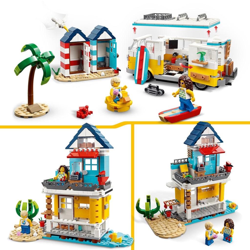 first 2 build options shown, including camper van, changing rooms, and beach toys; second build is 2 story beach house with accessories