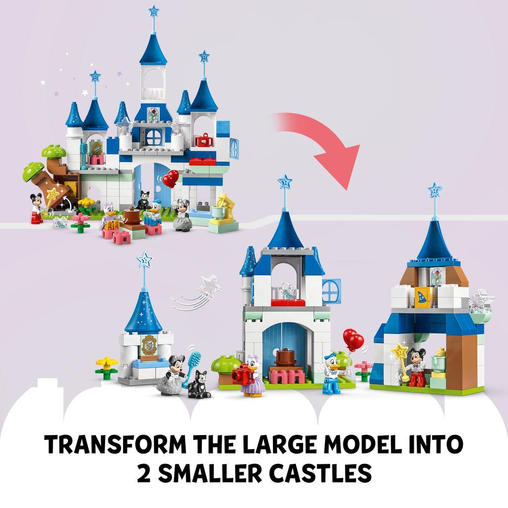 the set is shown put together next to another image of it split in 3 parts (2 larger and one smaller little feature part) | Text reads: Transform the large model into 2 smaller castles