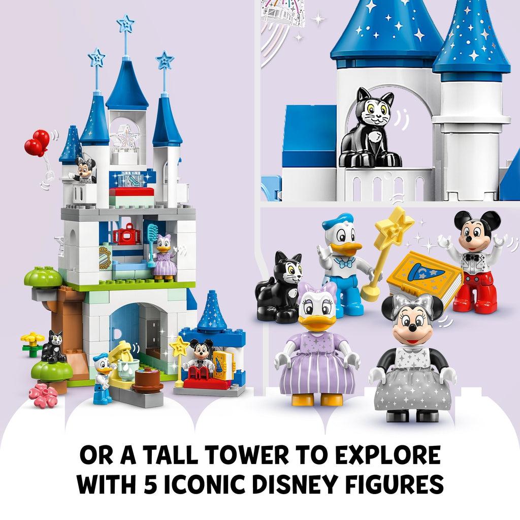 image split in half to show the tower parts stacked tall and then closeups of the 5 included figures | Text reads: Or a Tall Tower to Explore with 5 Iconic Disney Figures