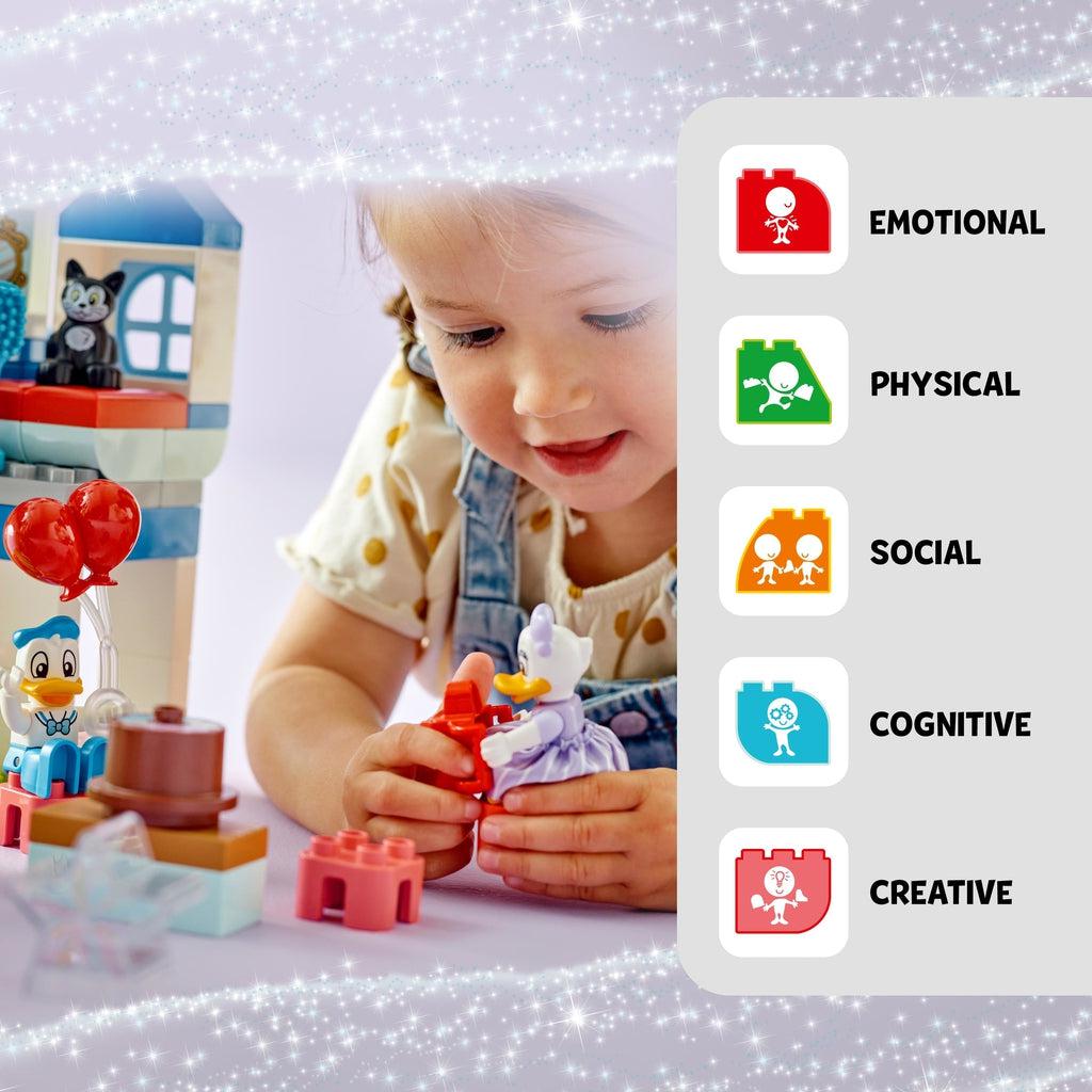 a toddler is shown playing with the set | Icons display child development benefits such as emotional, physical, social, cognitive, and creative