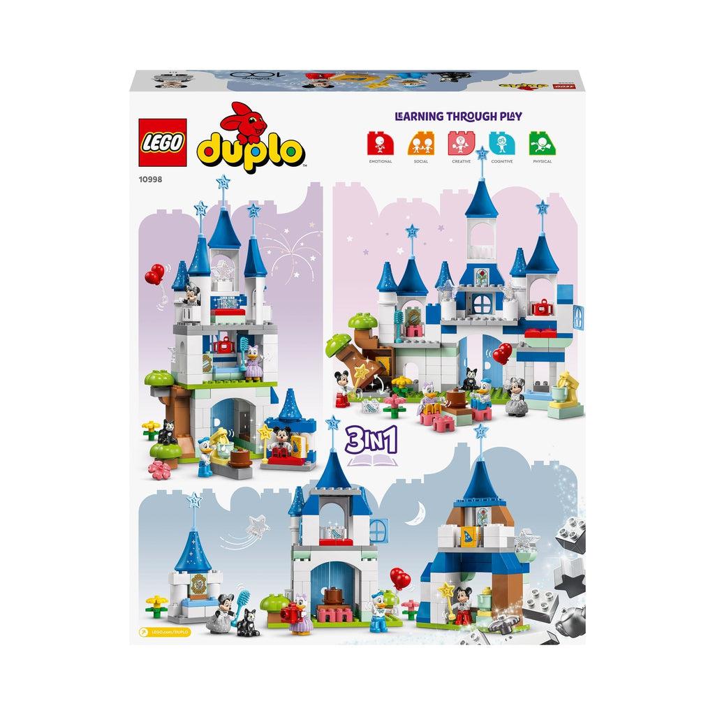 Back of the box shows the 3 variations of the castle: together side by side, split into 2 castles and a bell, and stacked into one tall tower