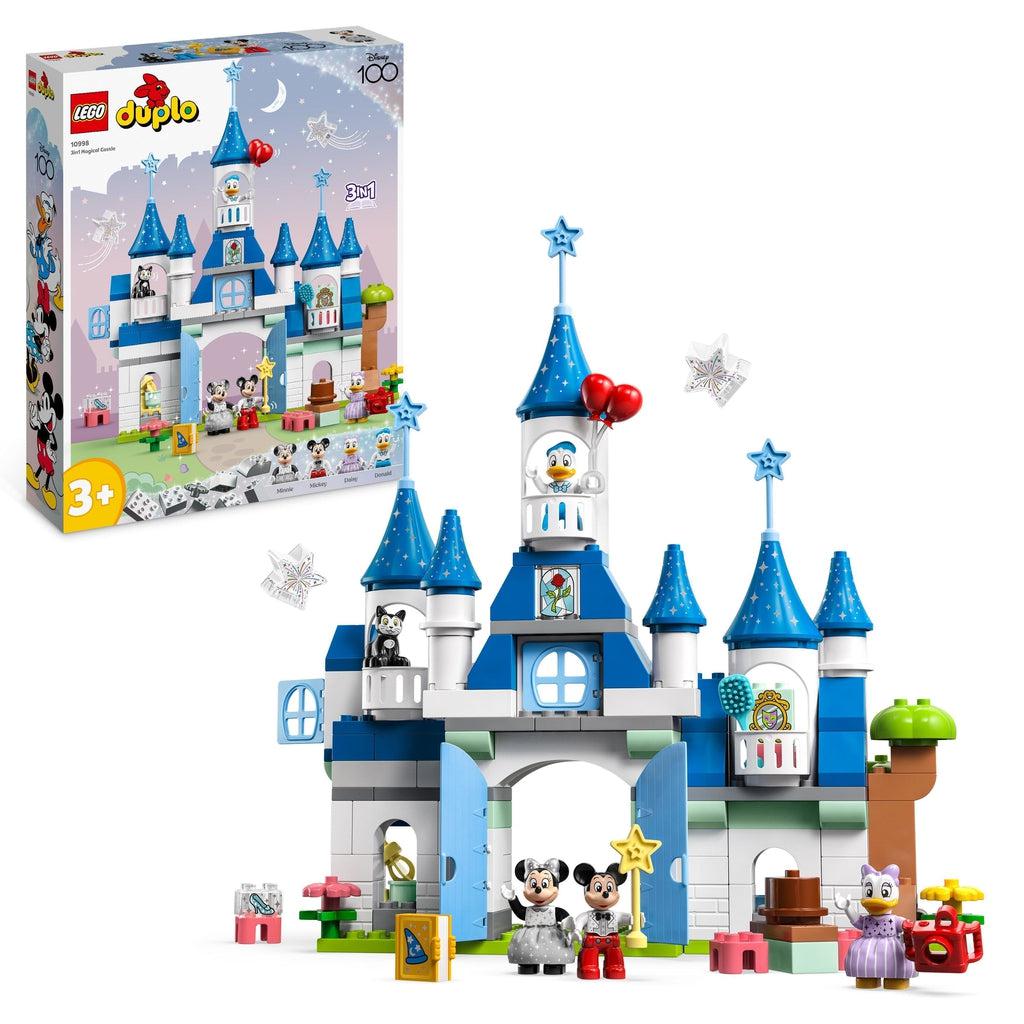 Disney castle made of LEGO duplo blocks including mickey, minney, donald, and daisy lego duplo figures