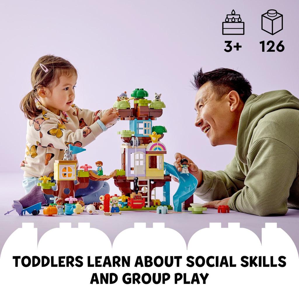 father and daughter are playing with the set | piece count of 126 and age rec. of 3+ in top right | Text reads: Toddlers learn about social skills and group play