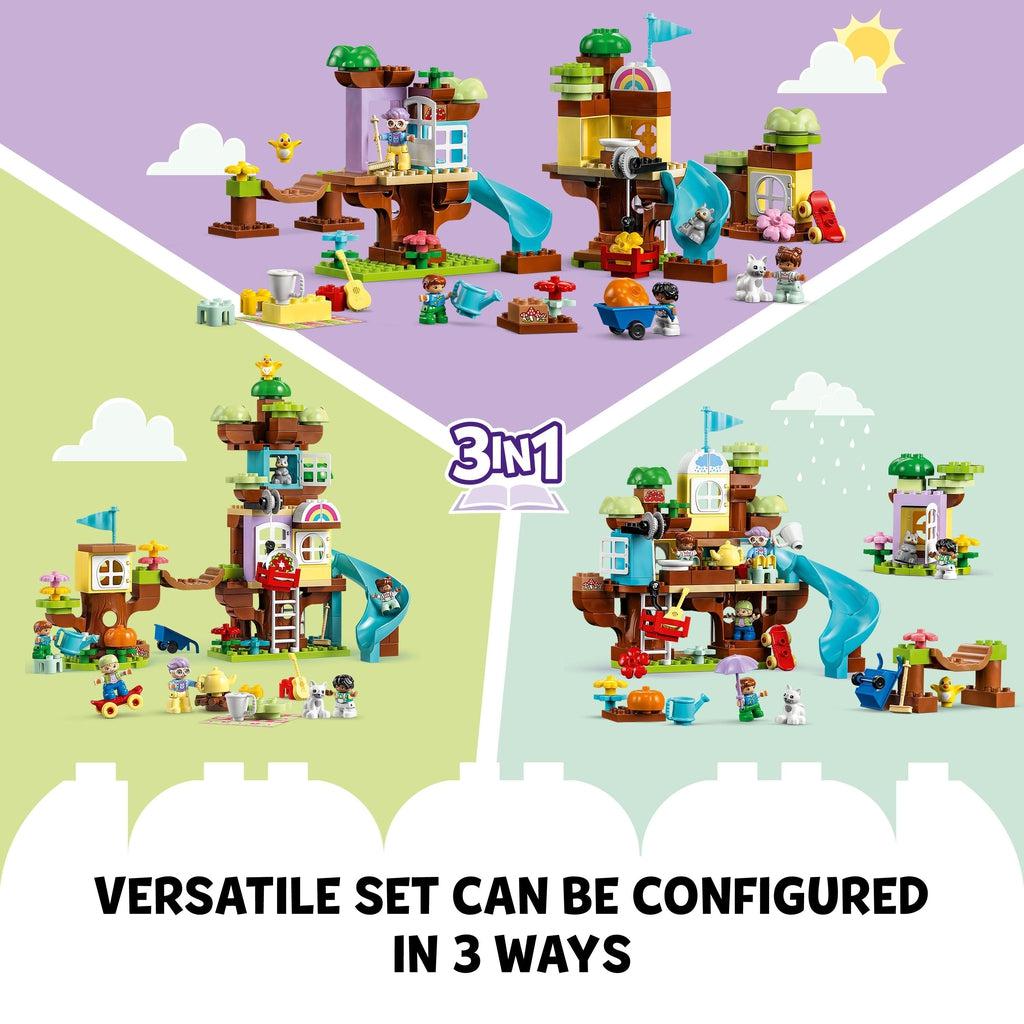 the 3 variations of builds are shown, as multiple rooms on tress, one large treehouse, and a main and smaller secondary building connected by rope bridge | Text reads: Versatile set can be configured in 3 ways.