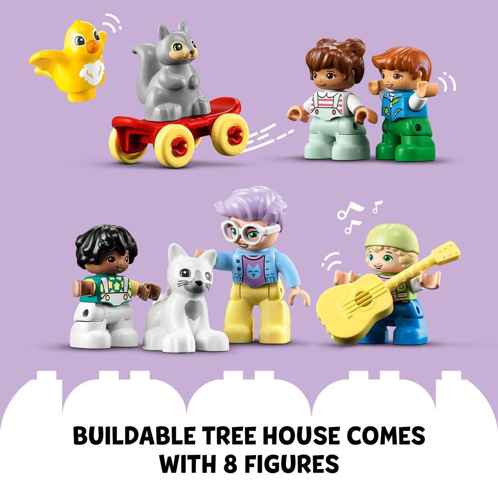 close up of the 8 figures, 1 adult and 4 kid figures, 1 squirrel, 1 yellow bird, and one white cat | Text reads: Buildable tree house comes with 8 figures