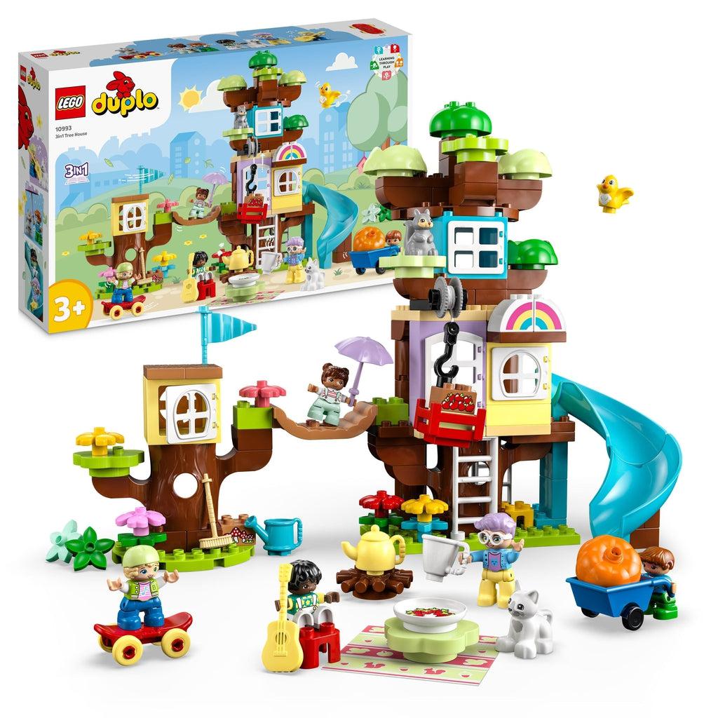lego set shown infront of its box. The set includes a lego duplo treehouse with a slide, a rope bridge, and winch to lift supplies up, and 4 people figures and a 3 animals