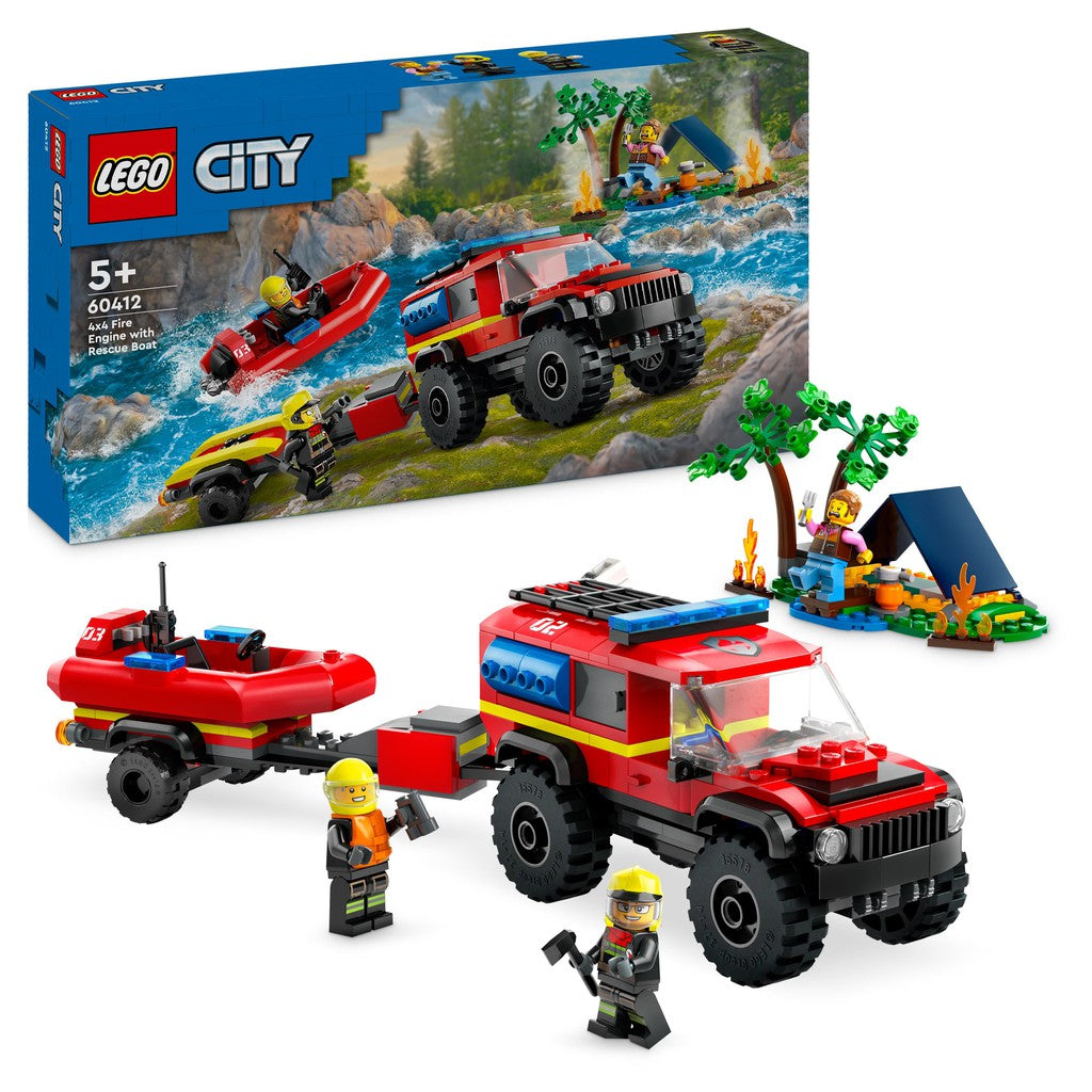 the LEGO cirt fire engine with rescute boat is a small red truck, boat and campsite