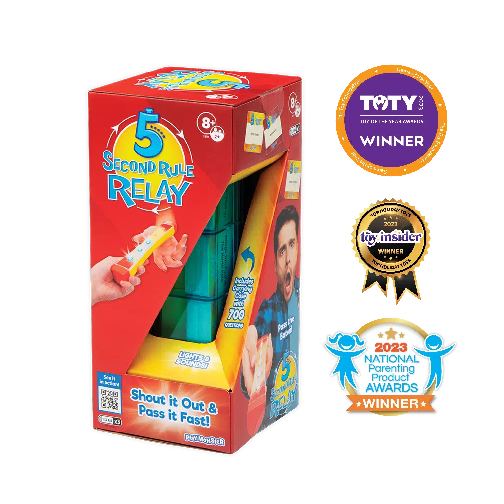this image shows the box for the game, with some stickers on it like the "toy of the year" awards winner, the 2023 toy insider winner and the 2023 national parenting product awards