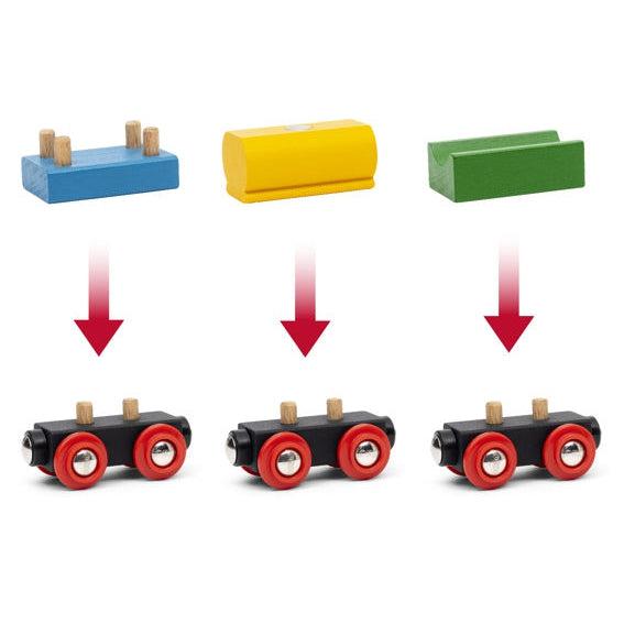 Shows that the different colored parts to each train segment can be taken off of its base.