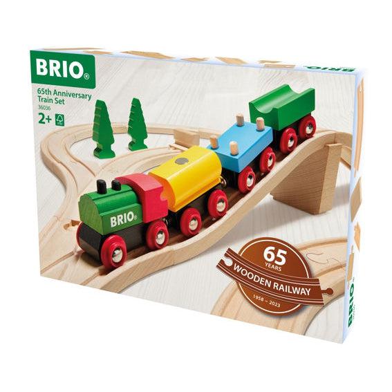 Image of the packaging for the 65th Anniversary Train Set. On the front is a picture of part of the included play set.