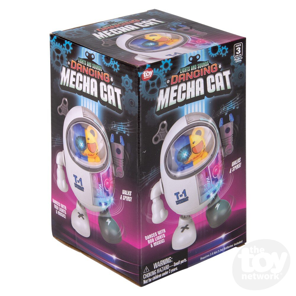 A box for the Dancing Mecha Cat toy, featuring a dancing robot cat with a clear helmet that lights up, suitable for ages 3 and up.