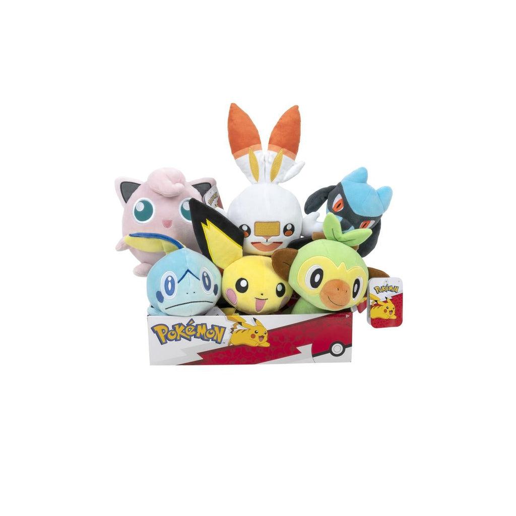 Image of six possible Pokemon plushes you could receive. These include Jigglypuff, Lucario, Pichu, Sobble, Grookey, and Scorbunny.