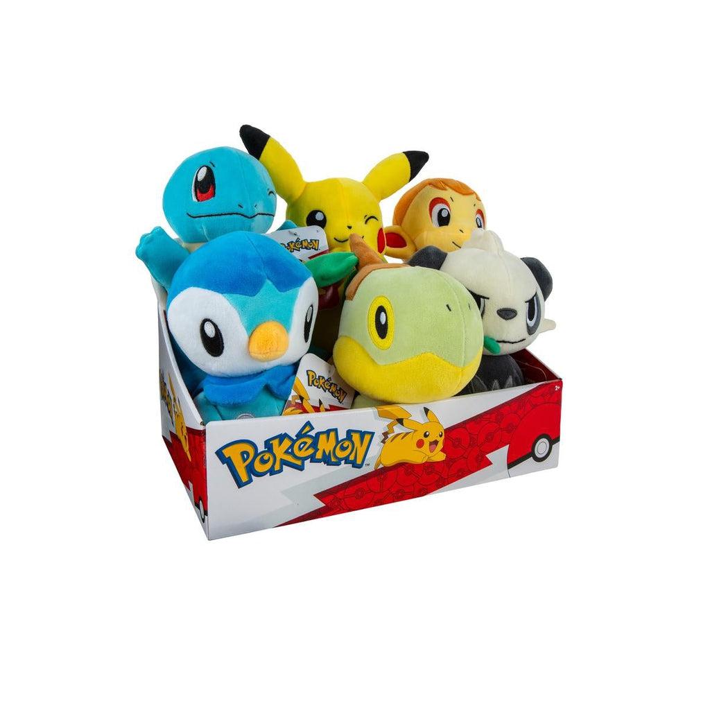 Image of six possible Pokemon plushes that you could recieve. These include Squirtle, Pikachu, Chimchar, Pipilup, Turtwig, and Pancham.