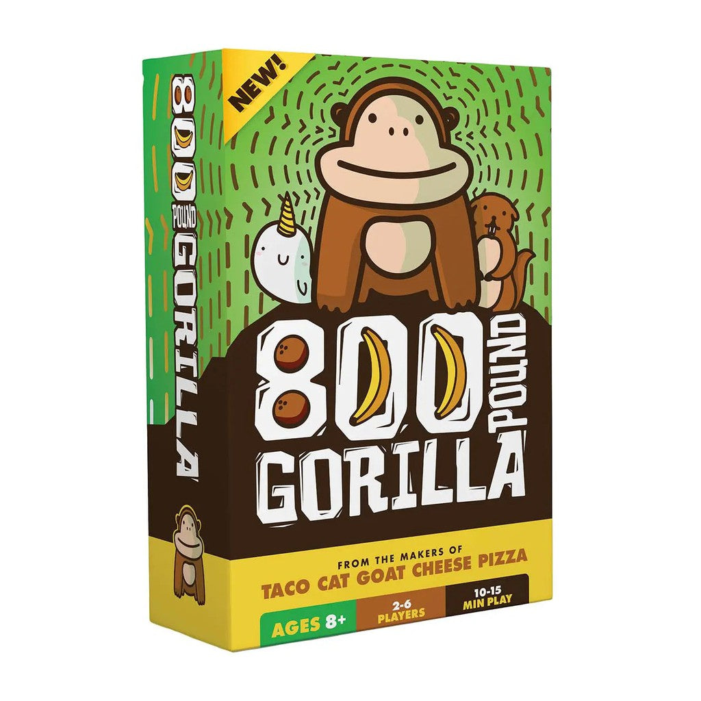 A colorful board game box titled "800 gorilla", featuring cartoonish illustrations of a gorilla and bananas, designed for ages 8+, and from the makers of "taco cat goat cheese pizza