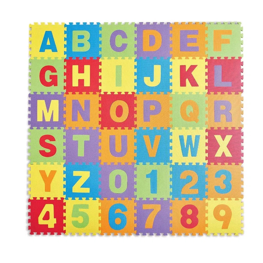 Image of all 36 tiles put together, a-z and 0-9. soft puzzle tiles