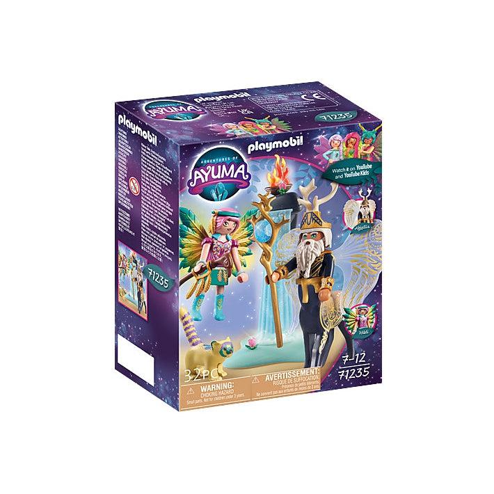 The picture shows the box with an elder fairy and a young fairy girl who is ready to be a kight, the older fairy looks like a centaur with wings and has a long white beard .