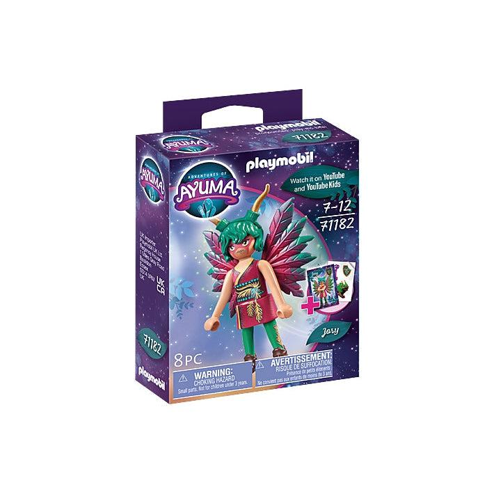 this picture shows Josy, a warrior fairy on the front cover of the box, with her feathery winds. a sign on the box also shows that there is a colorful, collectable card inside. 