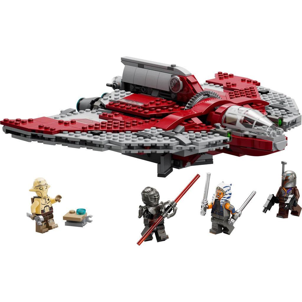 image shows the ship in a landed angle with 4 LEGO Star Wars characters holding light sabers and other equipment