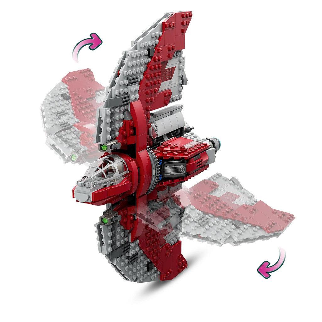 image shows that the wings on teh ship can rotate around and move on a gear piece