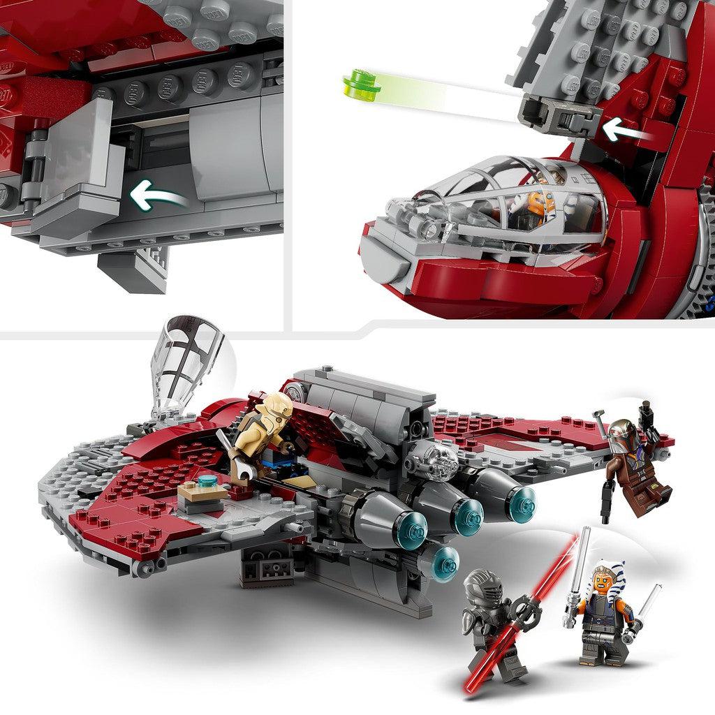 image shows the cockpit of the ship and that the lego pieces can open up for a LEGO character to pilot the ship