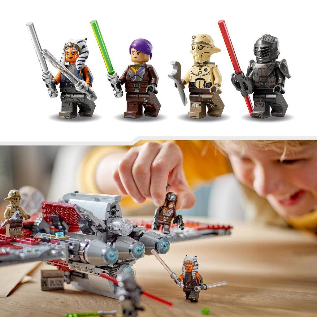 image shows a child playing with the LEGO Star Wars characters in the LEGO ship
