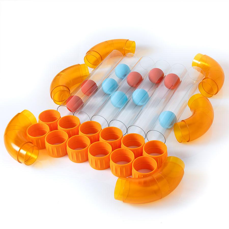 6 90deg curved clear orange plastic tubes, 12 tube connecters, 6 clear plastic straight tubes, 5 red foam balls, and 5 blue balls