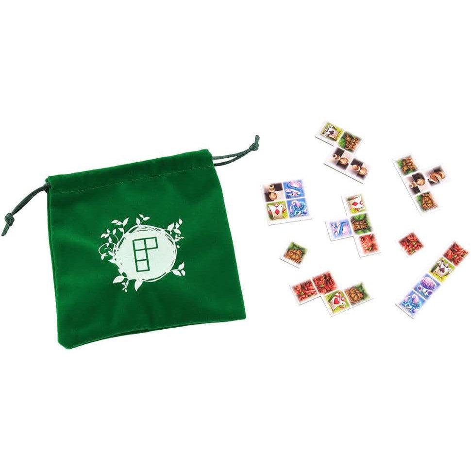 The image shows game pieces of different tiles to place on a board, and a drawstring bag that they go in. 